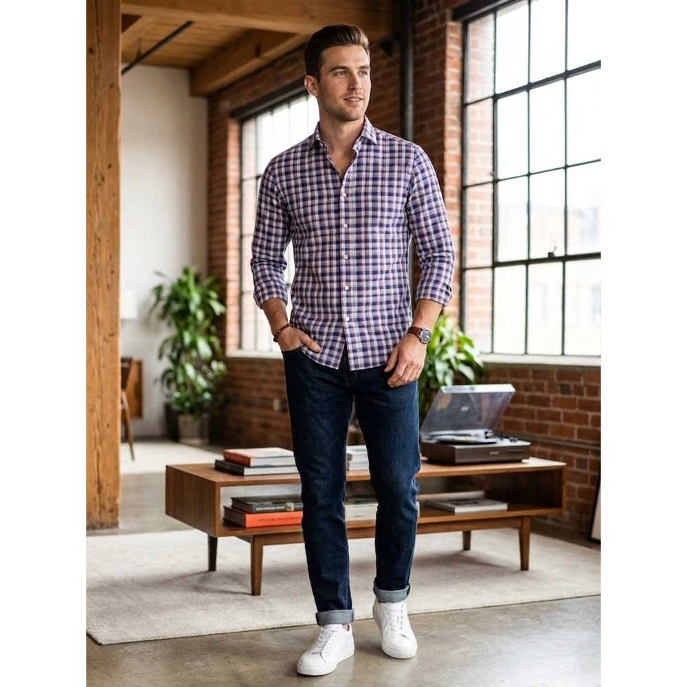Ledbury Mens Large Blue Red Plaid Fine Shirting Long Sleeve Button Down Shirt